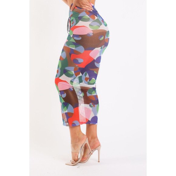 Women's Graphic Printed Mesh Maxi Skirt Party Casual Lace Up V Waist - Picture 5 of 10